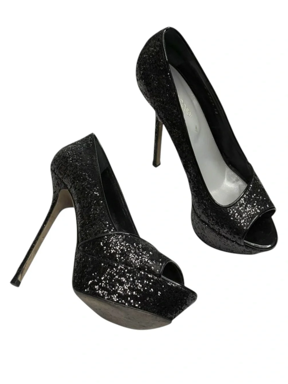 Sergio Rossi 𒀭Boston Glitter Peep Toe Platform Sky High Stiletto Pumps 𒀭Black 38